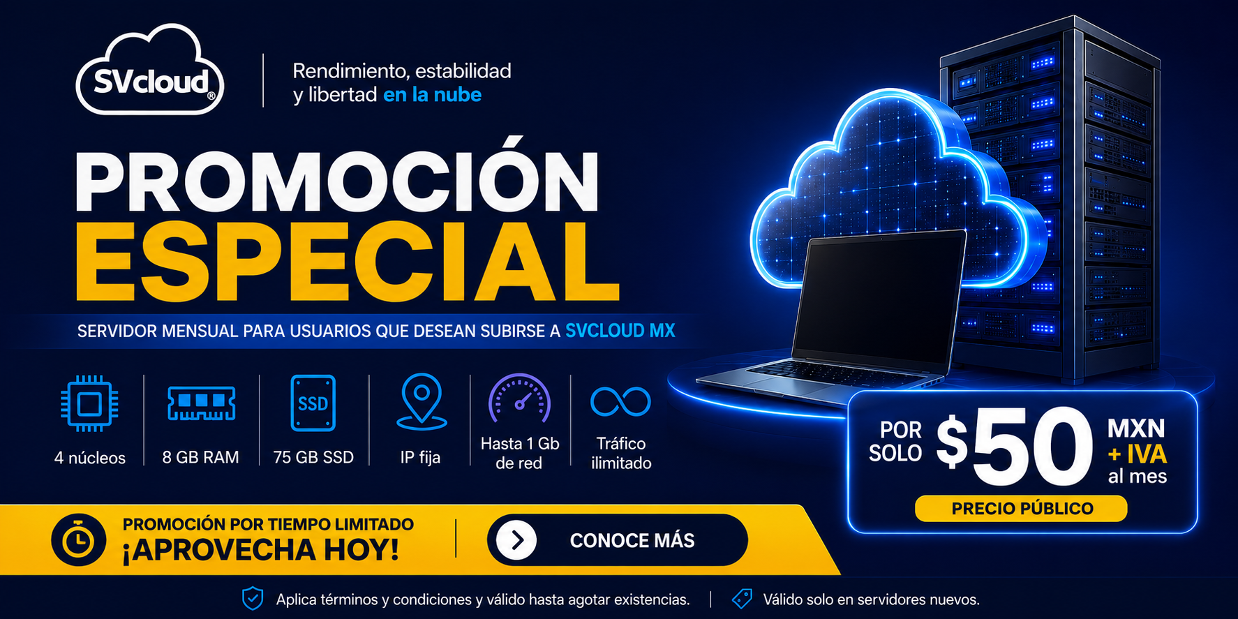 Promoción especial SVCLOUD MX: servidor desde $50 MXN más IVA al mes